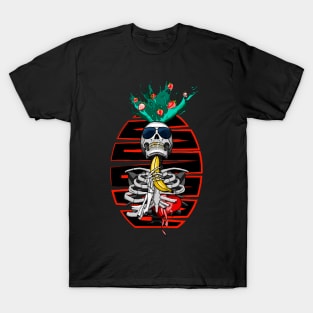 Banana Strawberry Headshot Skeleton. Orange Lines T-Shirt